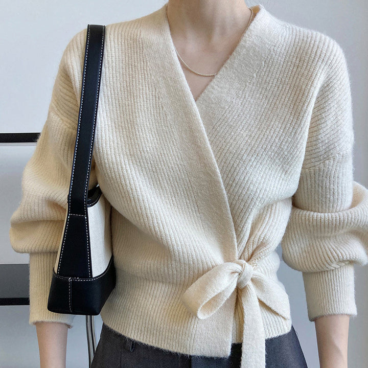 Damen Wickelpullover mit breiten Ärmeln und Taillengürtel Drune