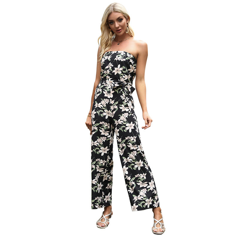 Damen Jumpsuit mit floralem Design und verstellbarem Taillengürtel Drune
