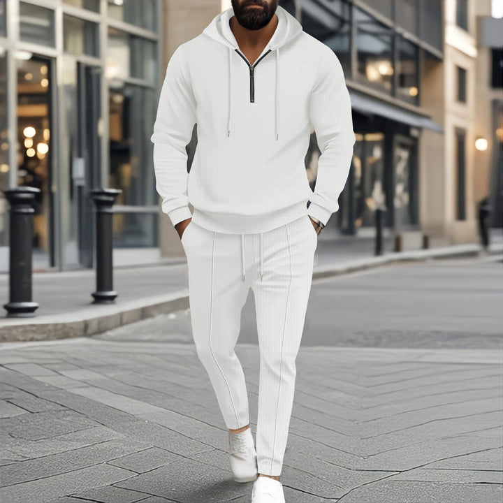 Herren nan strukturiertes Halbzip-Kapuzenloungewear-Set mit tapered Jogpants und Kordelzug Drune