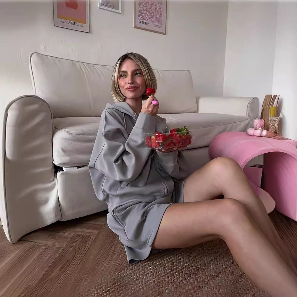 Damen nan kurzes Kapuzen-Sweatshirt mit Reißverschluss und elastischer Highwaist-Relax-Shorts Set Drune