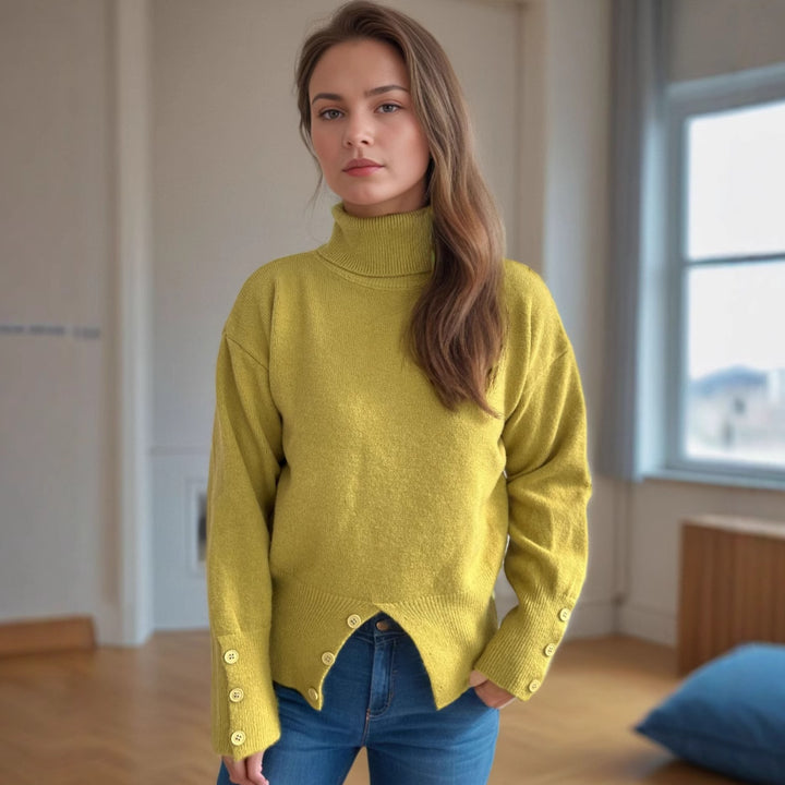 Damen modischer Rollkragenpullover mit Knopfdetails und asymmetrischem Saum Drune