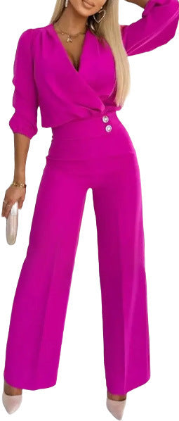Damen eleganter Jumpsuit mit Wickeloberteil und hochtaillierten Beinen Drune