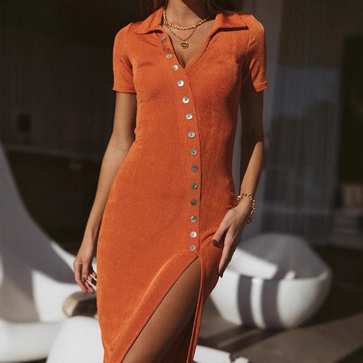 Damen Kleid mit raffiniertem V-Ausschnitt und Knopfdetails Drune