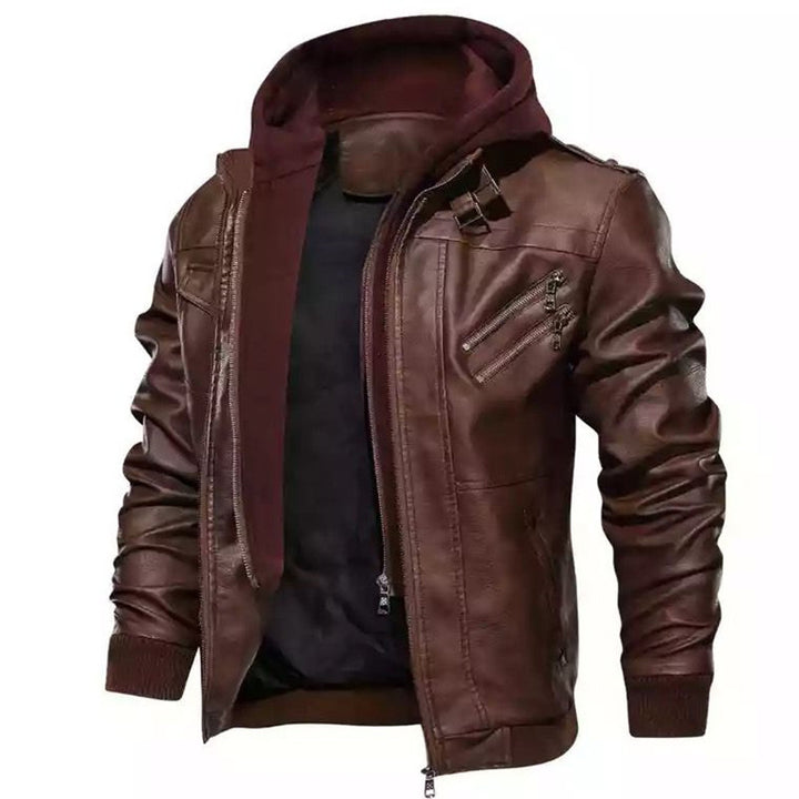 Herren modische Lederjacke mit abnehmbarer Kapuze Drune
