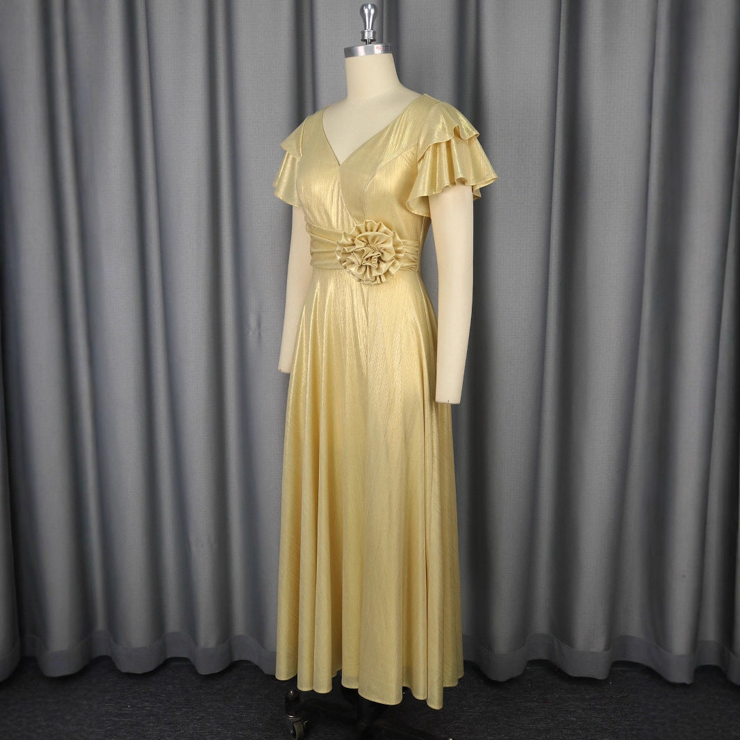 Damen glamouröses Abendkleid mit elegantem V-Ausschnitt und voluminösen Rüschensäumen Drune