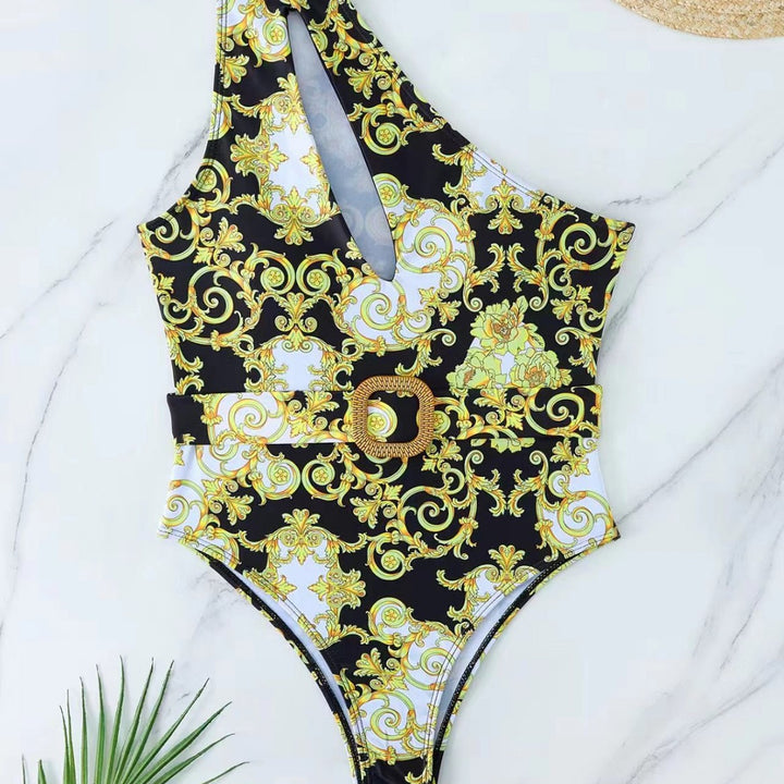 Damen Einteiler Badeanzug mit asymmetrischem Schnitt und elegantem Gürtel Drune