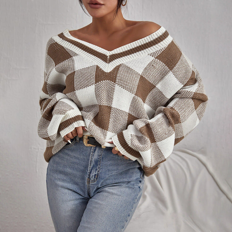 Damen Off-Shoulder Pullover im Karomuster mit langen Ärmeln Drune