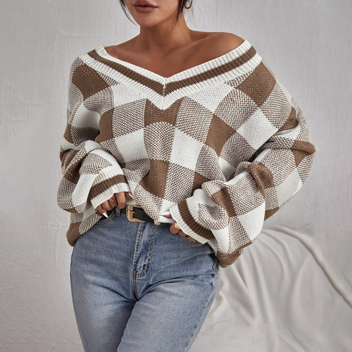 Damen Off-Shoulder Pullover im Karomuster mit langen Ärmeln Drune