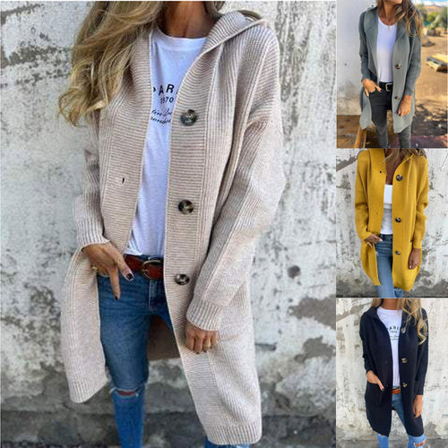 Damen Strickjacke mit Kapuze und Knöpfen Drune