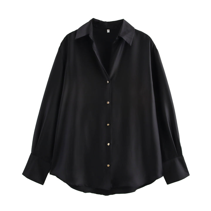 Damen nan oversized Satinbluse mit Hemdkragen, verlängerten Manschetten und abgerundetem Saum Drune