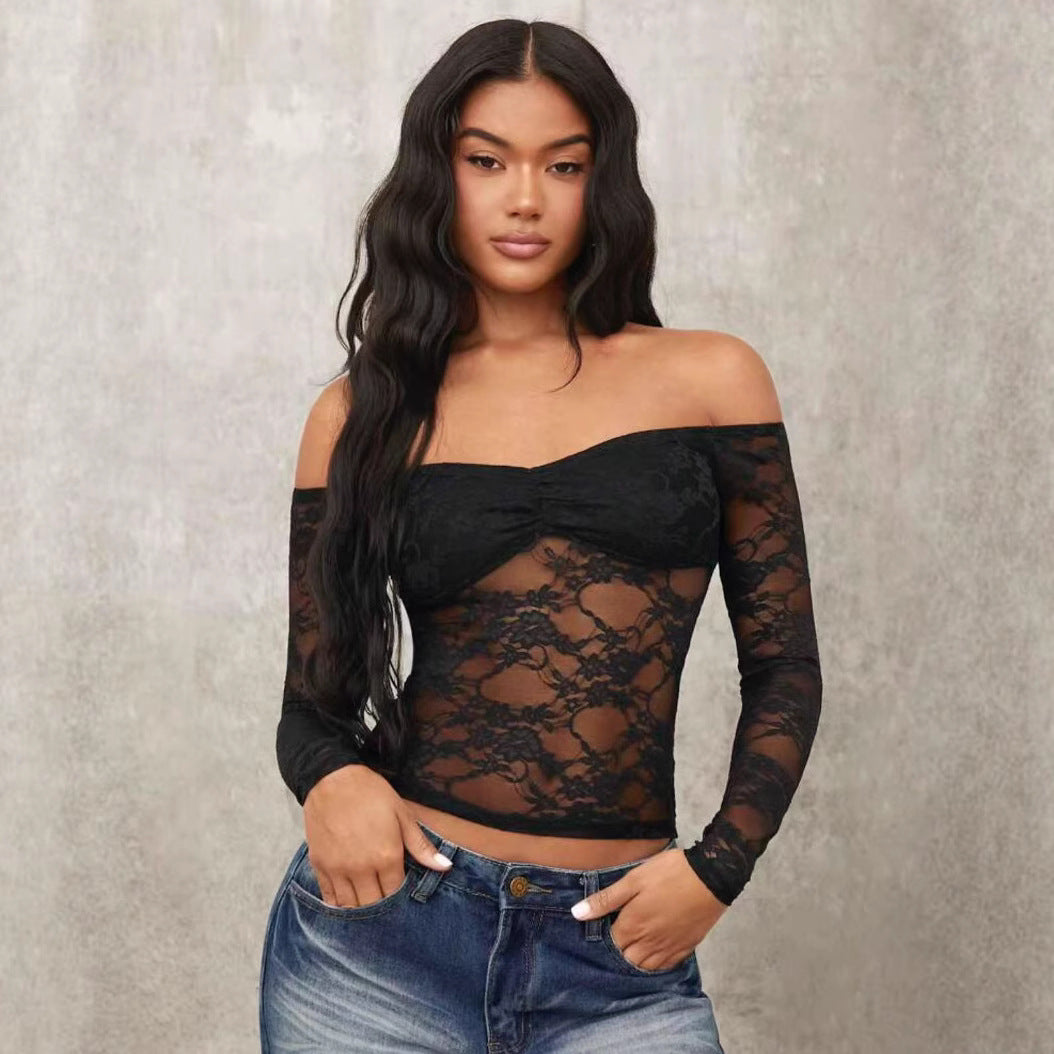 Damen Off-Shoulder Spitzenoberteil mit langen Ärmeln und romantischen Details Drune