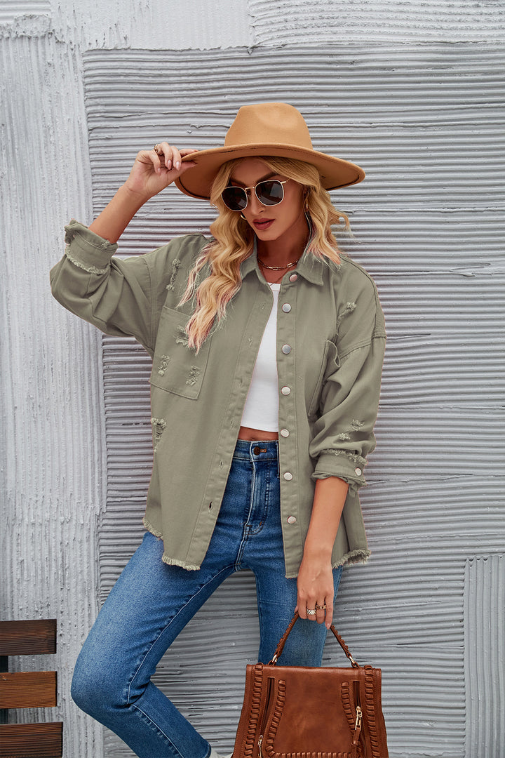 Damen Denim-Hemdjacke im lässigen Oversized-Schnitt mit fransigen Details Drune