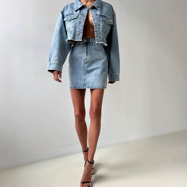 Damen Denim Jacke und Bleistiftrock Set Drune