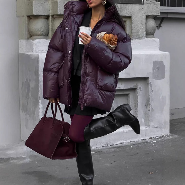 Damen Oversized Daunenjacke mit sichtbarem Steppdesign und hohem Kragen Drune