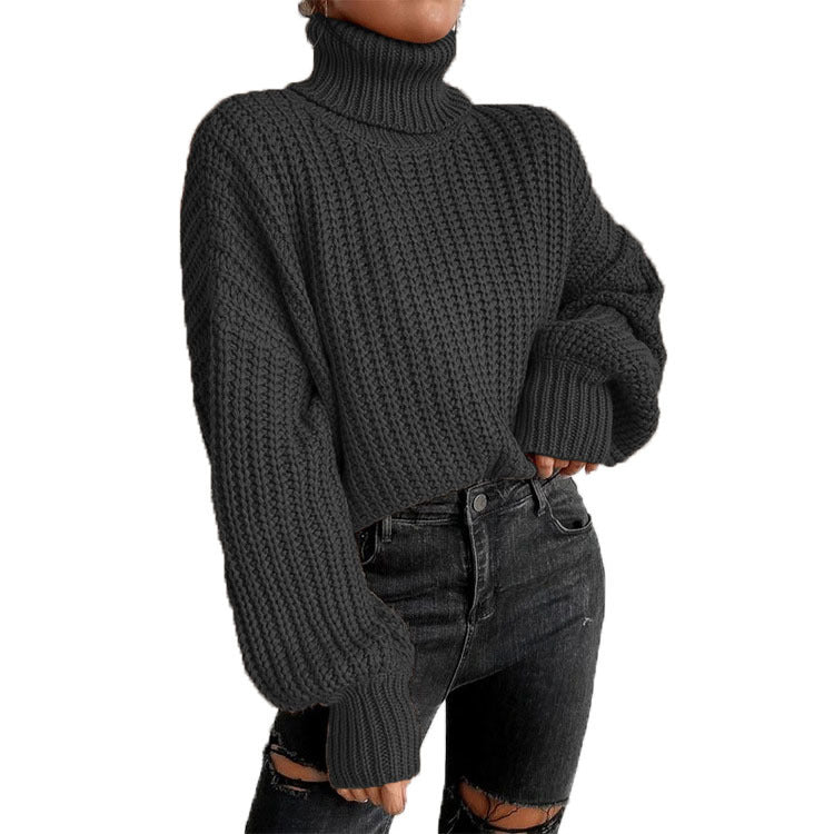 Damen Grob gestrickter Pullover mit hohem Kragen und weit ausgestellten Ärmeln Drune