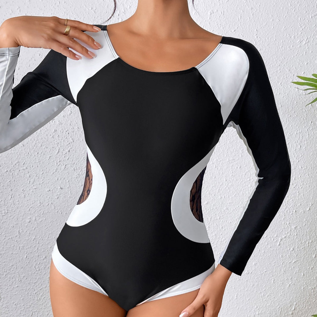 Damen Sportlicher Langarm Badeanzug mit transparenten Einsätzen Drune