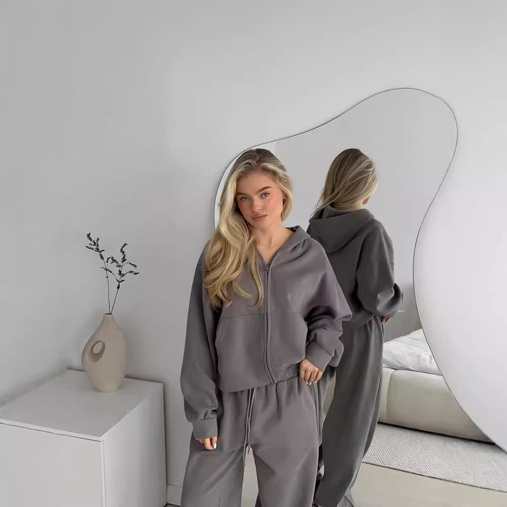Damen nan cropped Kapuzenjacke mit durchgehendem Reißverschluss und taillenhoher Jogginghose Set Drune
