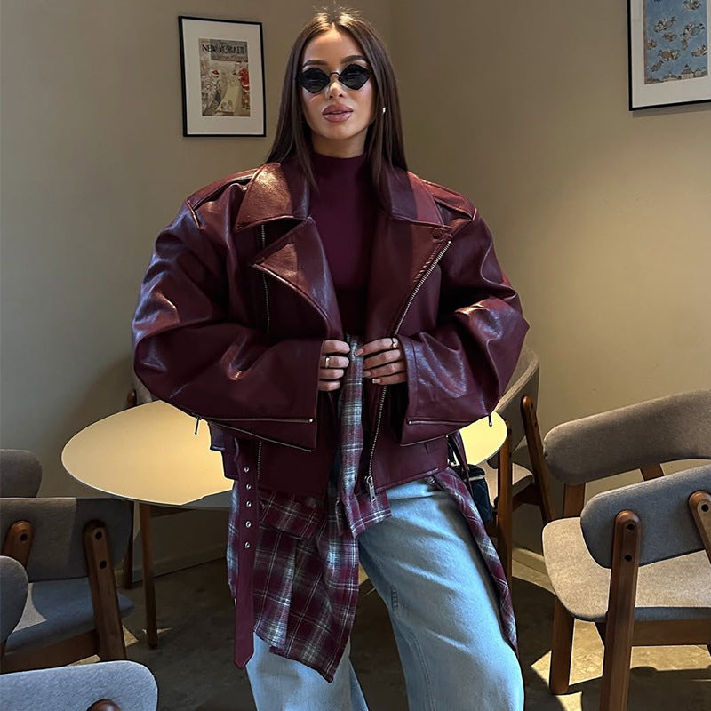 Damen oversized Lederjacke mit Bindegurt Drune