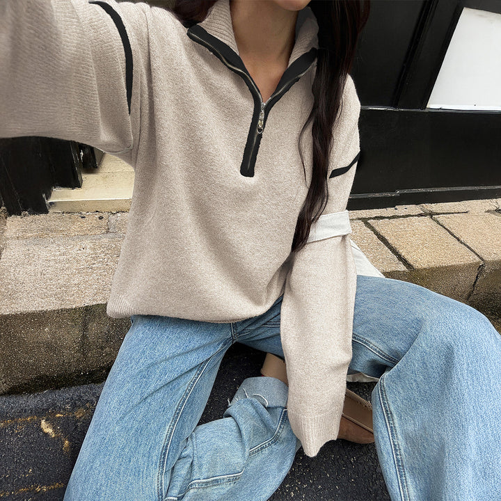 Damen Sportlicher Pullover mit halbem Reißverschluss und langen Ärmeln Drune