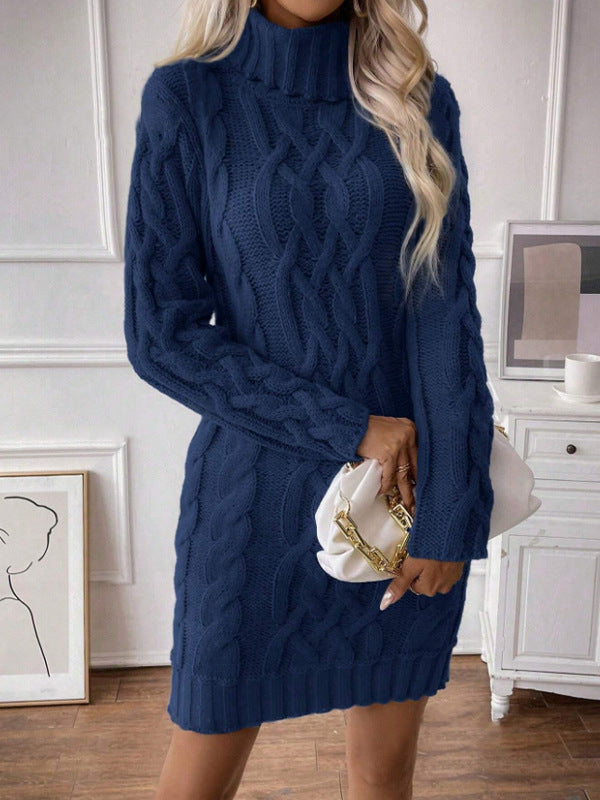 Drune | Strickkleid Figurbetonter Schnitt Kabelstrick Hoher Kragen Lange Ärmel