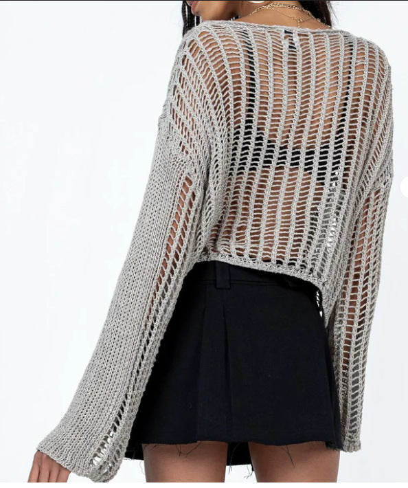 Damen luftiges Cropped Strickoberteil mit weit geschnittenen Ärmeln Drune