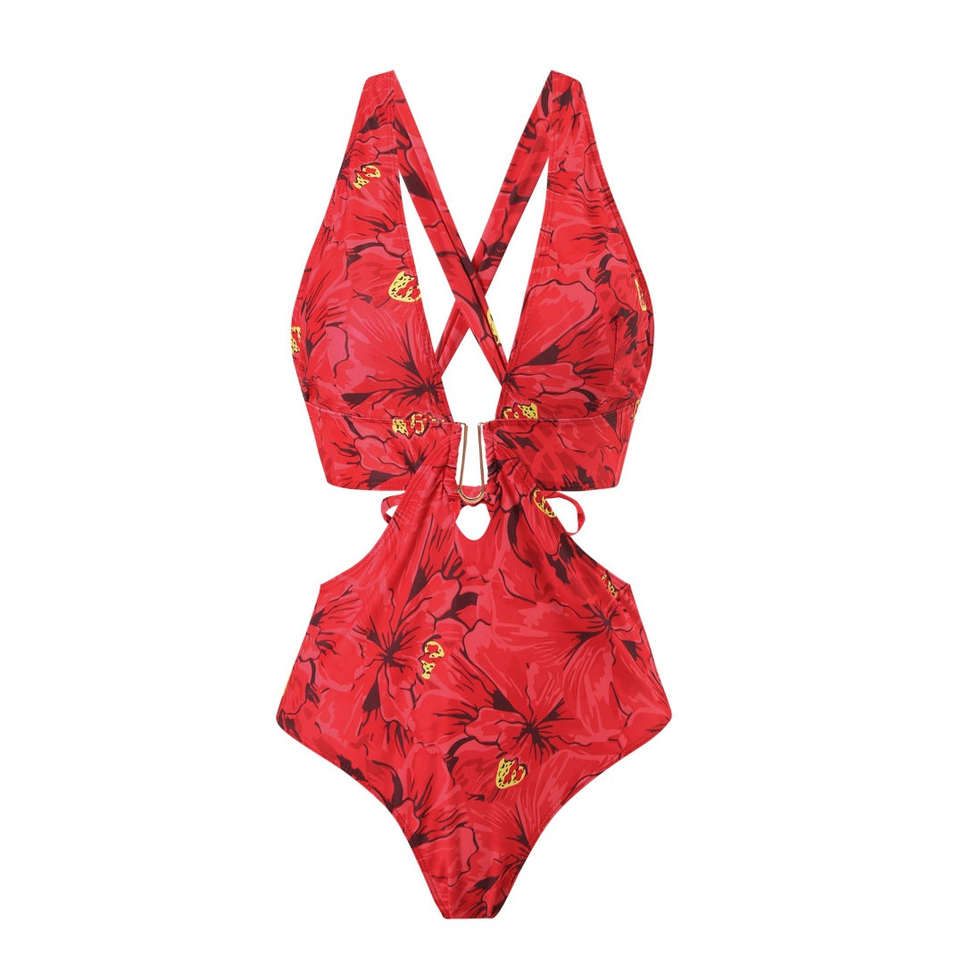 Damen Badeanzug mit floralen Akzenten und passendem Wickelrock Drune