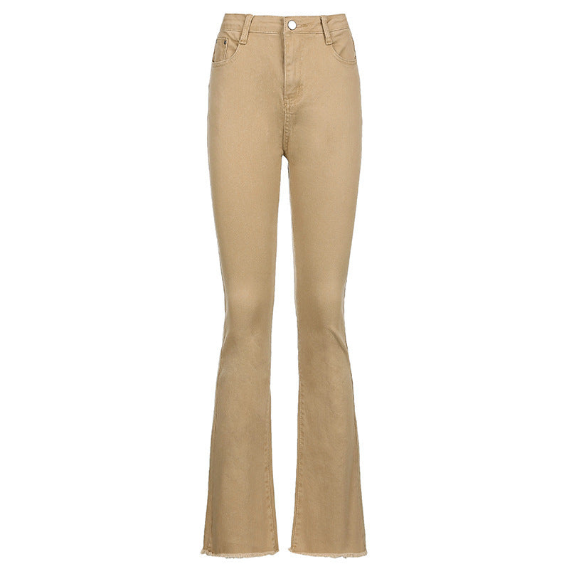 Damen klassische Bootcut-Jeans mit fransigem Saum und hohem Bund Drune