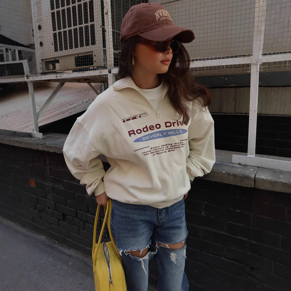 Damen Sweatshirt mit Stehkragen und modischem Aufdruck Drune