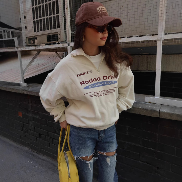 Damen Sweatshirt mit Stehkragen und modischem Aufdruck Drune
