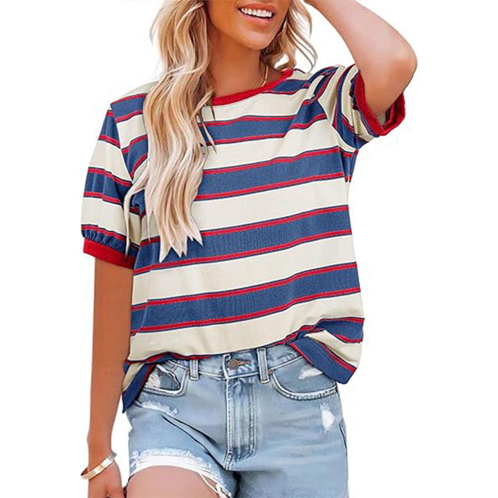 Damen lässiges Streifen T-Shirt mit Kurzarm und Rundhalsausschnitt Drune