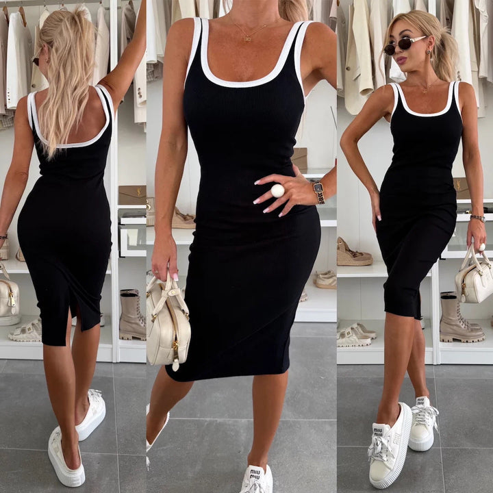 Damen figurbetontes Midi-Kleid mit breiten Trägern und schmalem Schnitt Drune