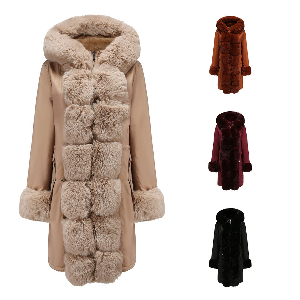Damen modische Lange Jacke mit Kunstfellbesatz Drune