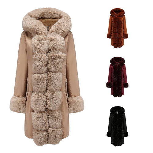 Damen modische Lange Jacke mit Kunstfellbesatz Drune