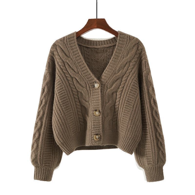 Damen kuschelige Strickjacke mit Zopfmuster und Knopfverschluss Drune
