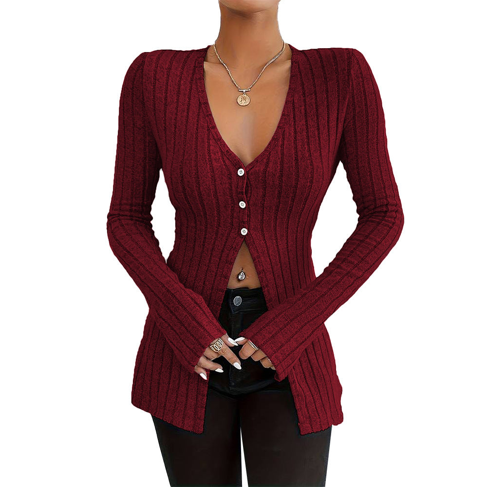 Damen Langarm Cardigan mit feiner Rippstruktur und eleganten Knopfdetails Drune