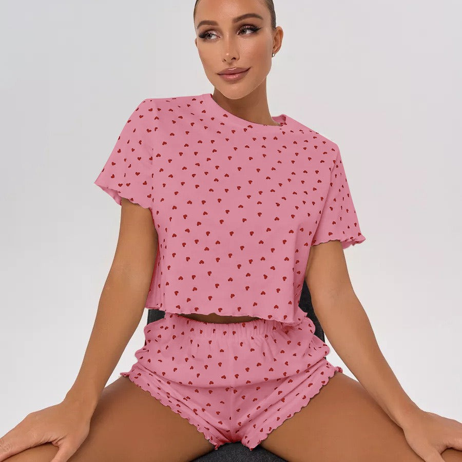 Damen Pyjama-Set mit verspieltem Herzmotiv und elastischem Bund Drune
