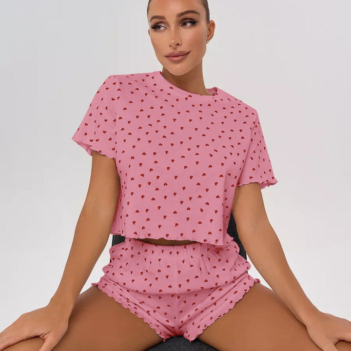 Damen Pyjama-Set mit verspieltem Herzmotiv und elastischem Bund Drune