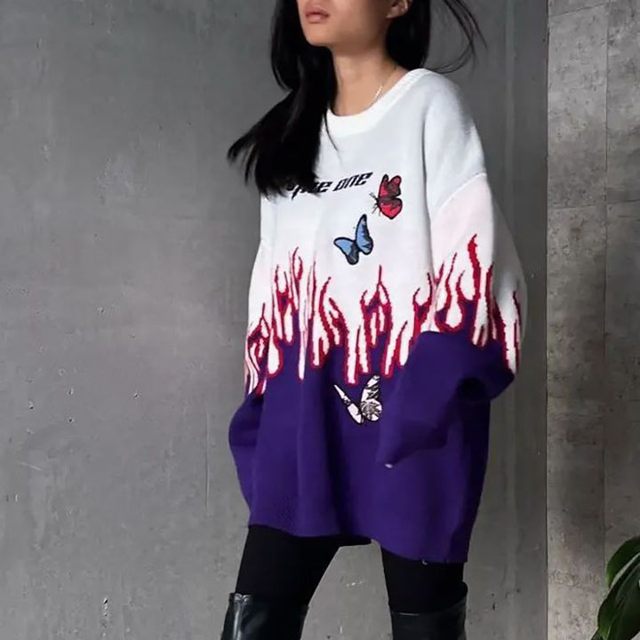 Damen Grobstrickpullover mit einzigartigem Flammen- und Schmetterlingsdesign Drune