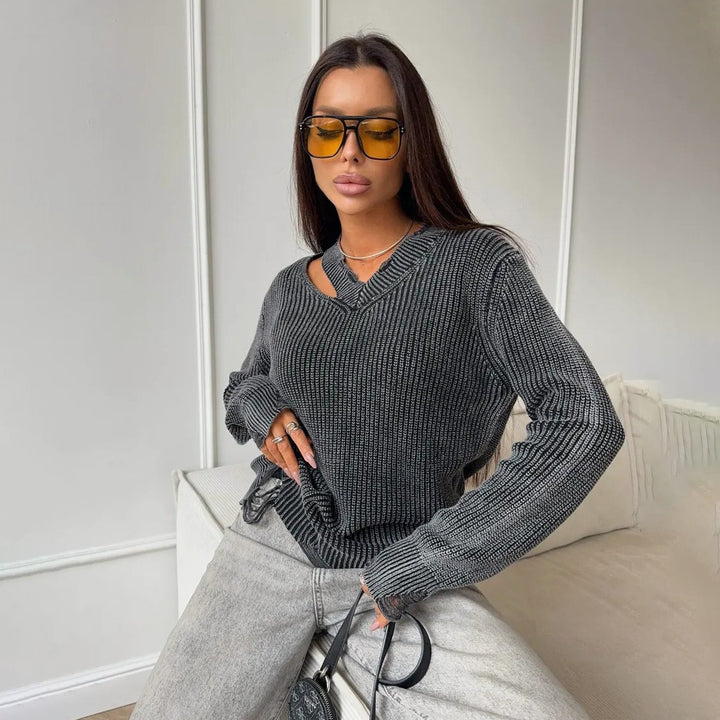 Damen Grobstrickpullover mit trendigem V-Ausschnitt und distressed Elementen Drune
