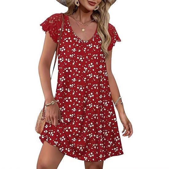 Damen Sommerkleid mit eleganten Spitzenärmeln und floralem Muster Drune