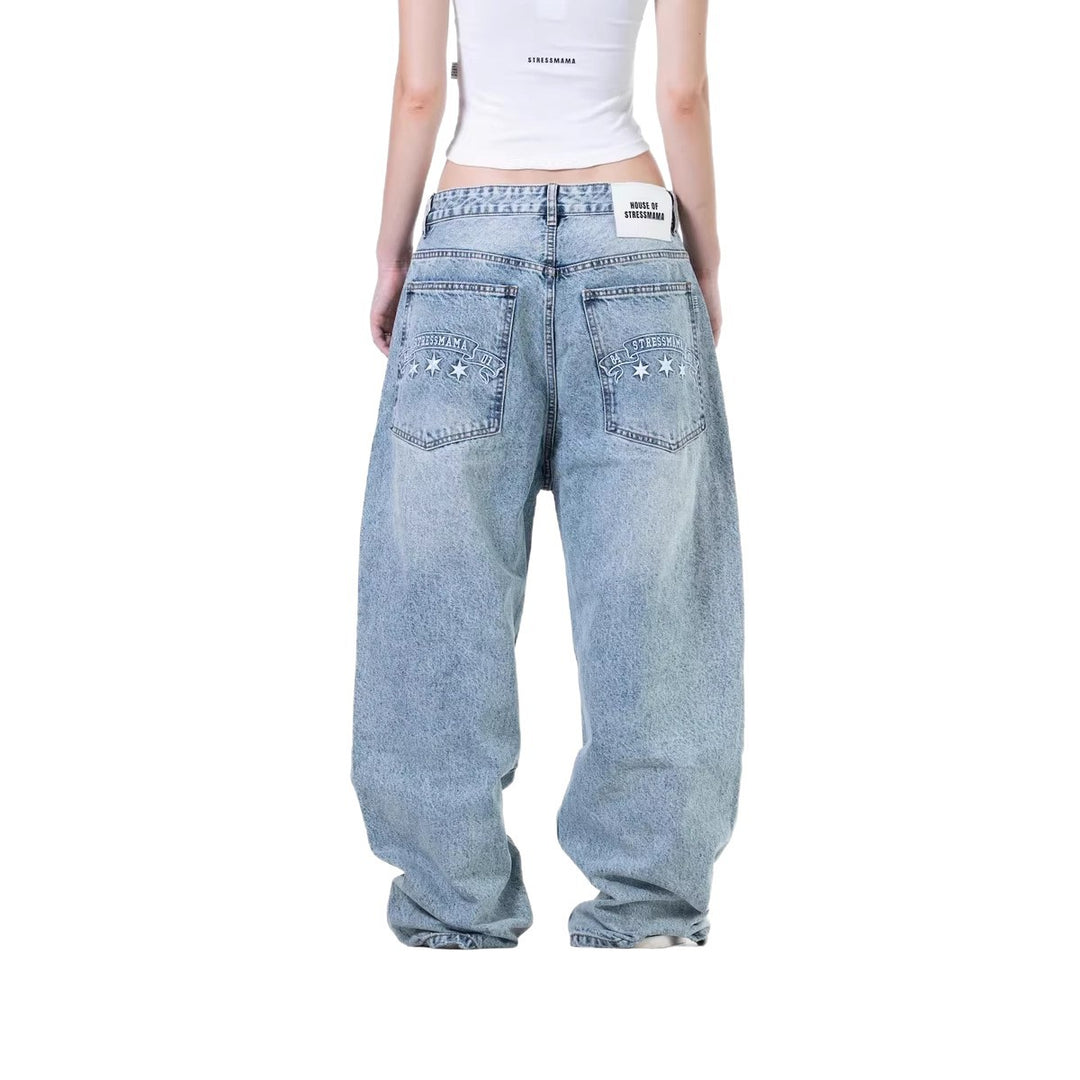 Damen weite Denim-Jeans mit stilvollem Stickdesign Drune