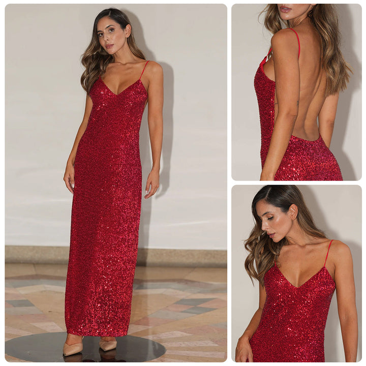 Damen Abendkleid mit glitzerndem Paillettenbesatz und elegantem V-Ausschnitt Drune