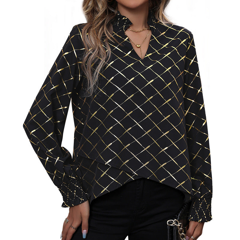 Damen Bluse mit elegantem Rautenmuster und Puffärmel Drune