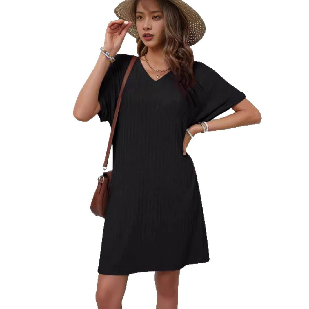Damen lässiges Freizeitkleid mit V-Ausschnitt und feiner Rippstruktur Drune