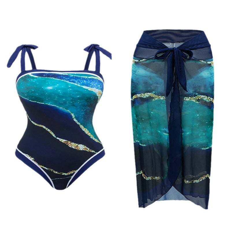 Damen Einteiliger Badeanzug mit transparentem Wickelrock Drune