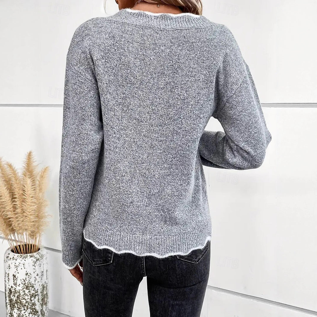Damen Strickpullover mit wellenförmigem Ausschnitt und kontrastierenden Details Drune