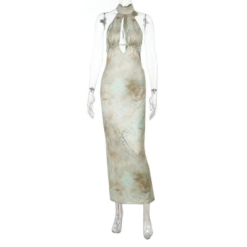 Damen elegantes Maxikleid mit kreativem Schlitz und schimmerndem Wasserfallausschnitt Drune