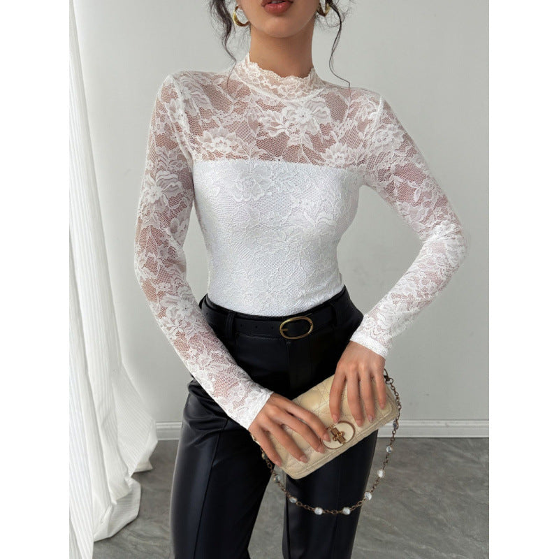 Damen Spitzenbody mit elegantem Stehkragen und langem Arm Drune