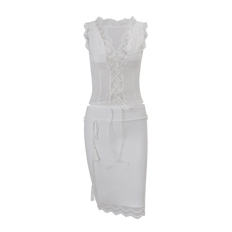 Damen Spitzen-Corsage mit Schnürung und Volantärmeln Drune
