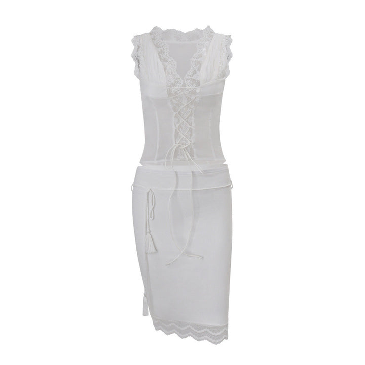 Damen Spitzen-Corsage mit Schnürung und Volantärmeln Drune